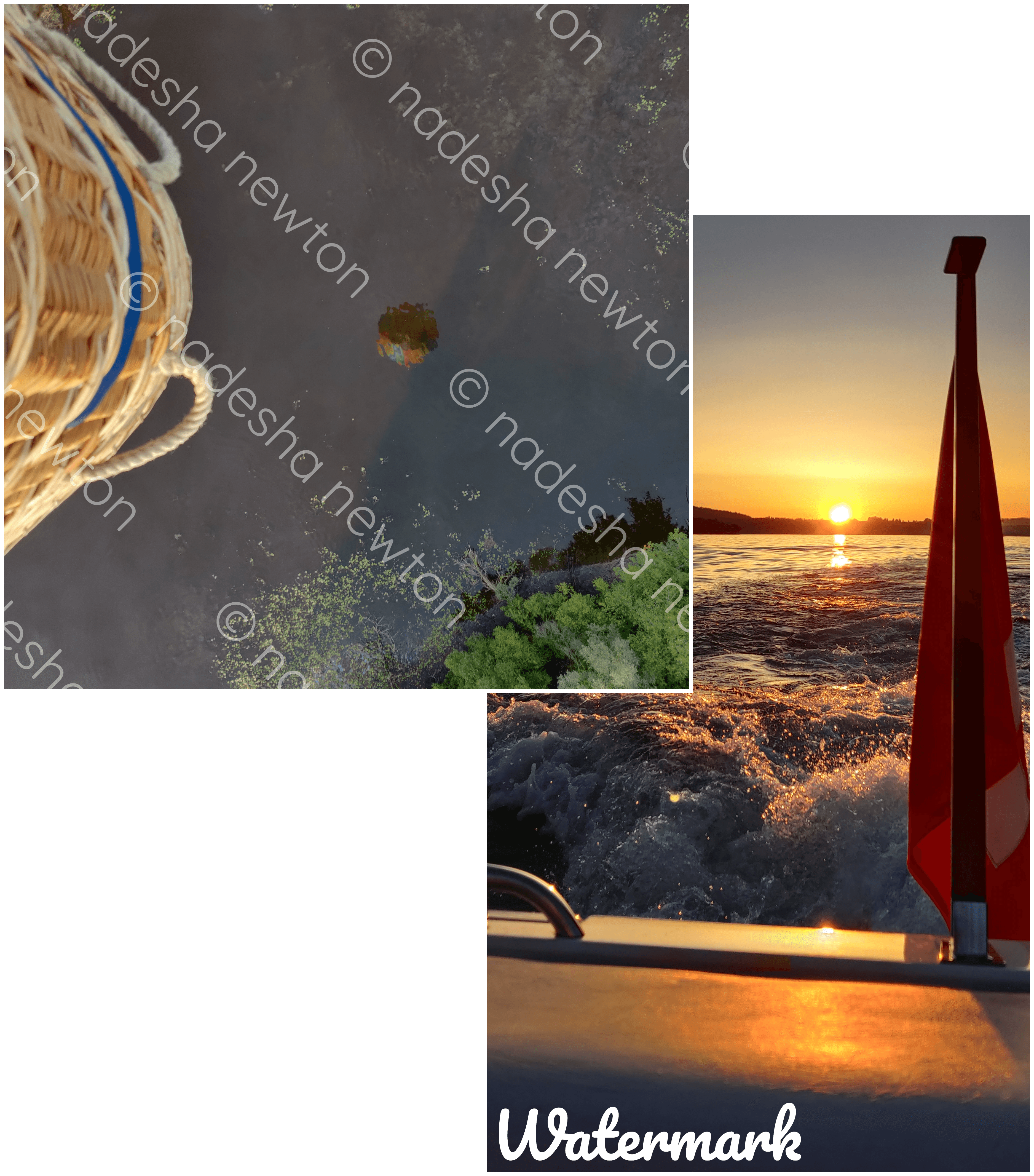 Examples of two watermarked photos: a hot air balloon reflected in a lake, and a boat with a Swiss flag at sunset.